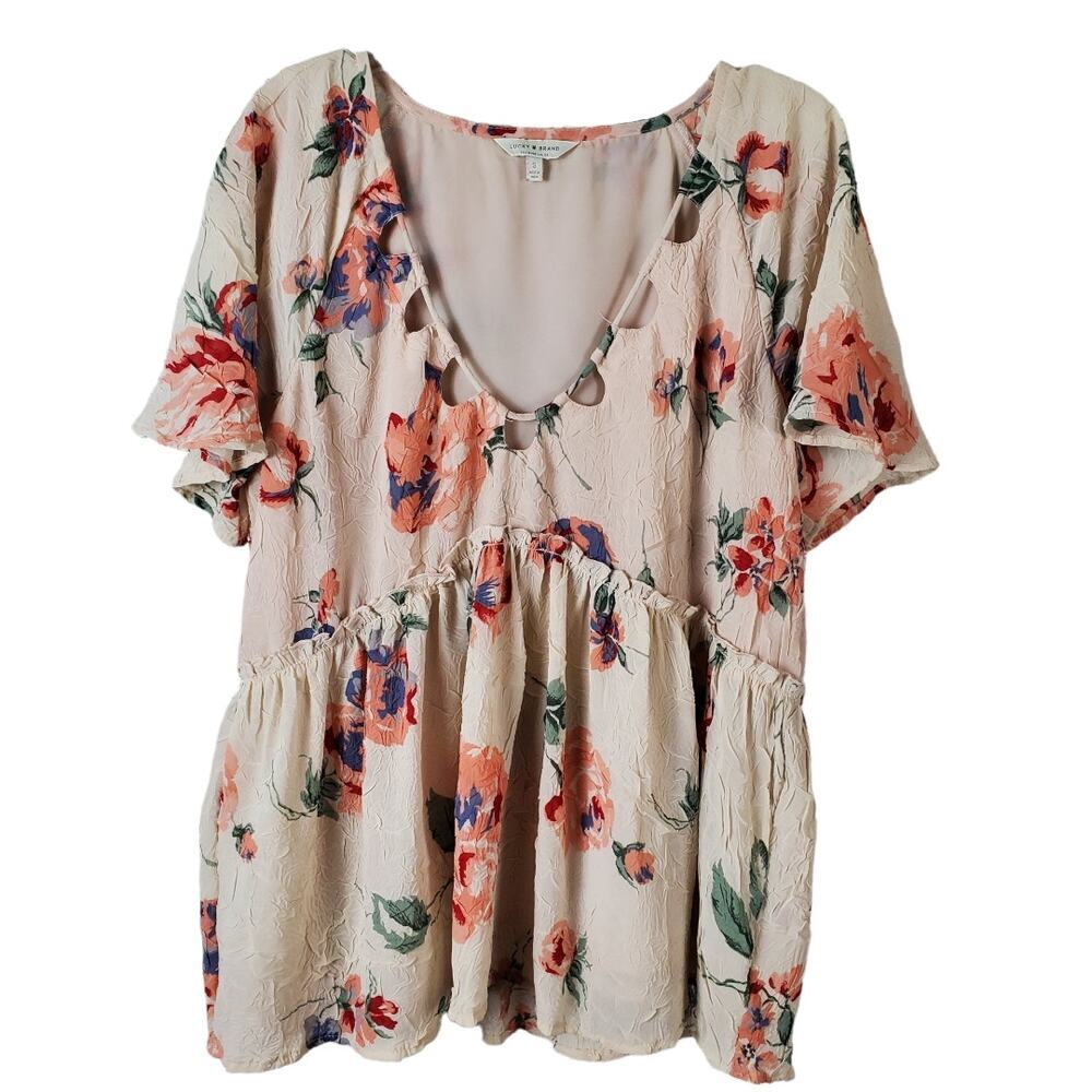 ✨ Lucky Brand Gauzy Peplum Babydoll Floral Boho Top